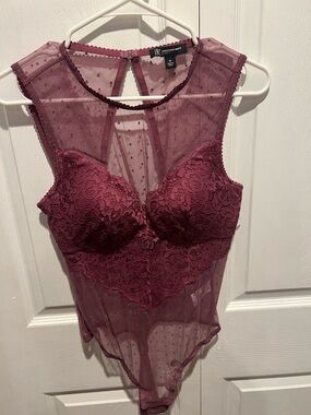 INC International Concepts Burgundy Lace & Sheer Mesh Bodysuit